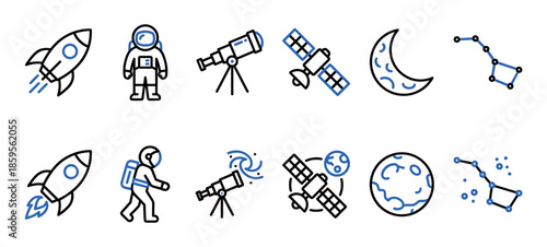 Space and astronomy themed icon set collection with rocket, astronaut, telescope, satellite, and constellation symbols for science and exploration concepts in a minimal line art style