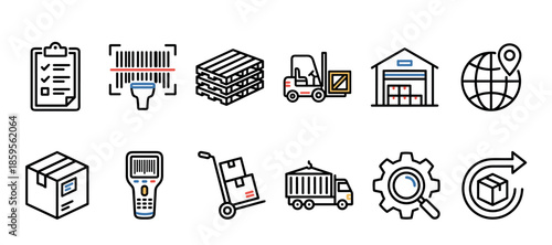 Set of logistics and shipping line icons for supply chain management, including symbols for warehouse, delivery, freight, tracking, and global transportation services