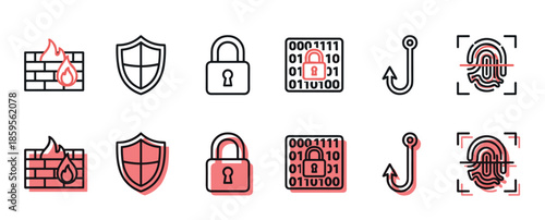 Set of cybersecurity and internet protection icons including firewall, shield, padlock, binary code, phishing hook, and fingerprint scanner in a clean, modern line art style