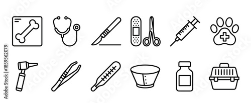 Set of black line art icons for veterinary medicine and pet healthcare showing various tools and symbols like a stethoscope, syringe, x-ray, and pet carrier in a minimal outline style
