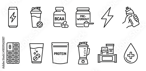 Sports nutrition and fitness supplement icon set with protein, BCAA, pre-workout, and energy drink symbols in a clean, minimalist line art style for gym and workout concepts
