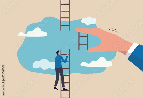 Helping hand, business support to reach career target or help to climb up ladder of success concept, businessman climbing up to top of broken ladder with huge helping hand to connect to reach higher.