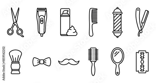 Set of black outline barbershop icons featuring scissors, a clipper, shaving foam, a comb, a razor, a brush, and a mustache for men's grooming and hairstyling