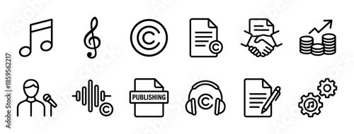 Set of black line icons representing music publishing, copyright, and intellectual property for artists and composers, including symbols for royalties, agreements, and production