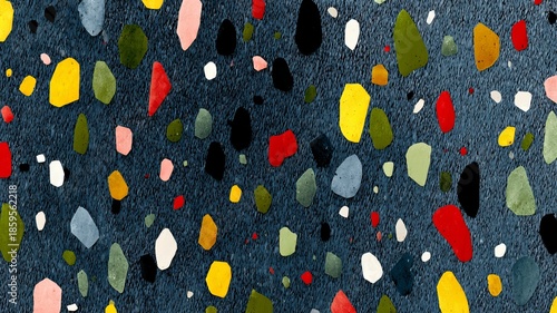 microplastic confetti pattern, tiny irregular colorful specks on deep-sea blue