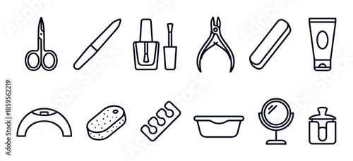 Manicure and pedicure tools line icon set featuring scissors, nail file, polish, nippers, buffer, cream, and a UV lamp for professional salon or home beauty care