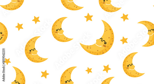 Cute smiling crescent moon seamless pattern with stars, dreamy kawaii night sky cartoon background vector illustration