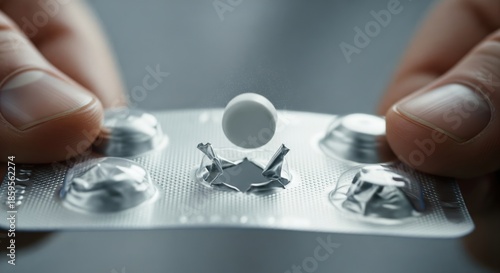 Close-Up of a Pill Being Removed from a Blister Pack with Hands in Soft Focus Background