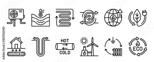 Set of twelve black line icons illustrating heat pump technology, geothermal energy, and renewable power sources for efficient home heating, cooling, and eco-friendly solutions