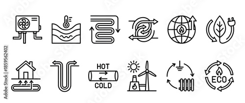 Collection of black line icons representing heat pump technology, geothermal energy, and renewable heating and cooling systems for sustainable and eco-friendly home climate control