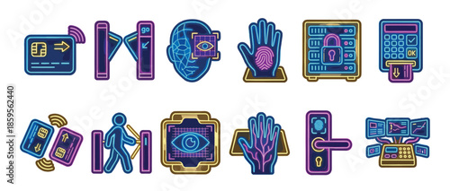 Collection of security and access control icons in a vibrant neon style, featuring biometrics like facial recognition, fingerprint scanning, and retina identification for authentication