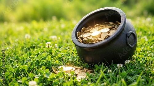 A black pot overflowing with shiny gold coins, positioned on a vibrant green grass