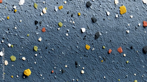 microplastic confetti pattern, tiny irregular colorful specks on deep-sea blue