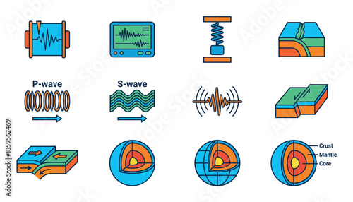 Collection of colorful seismology and geology icons illustrating earthquakes, tectonic plates, seismic waves, and the structure of the Earth with its core, mantle, and crust