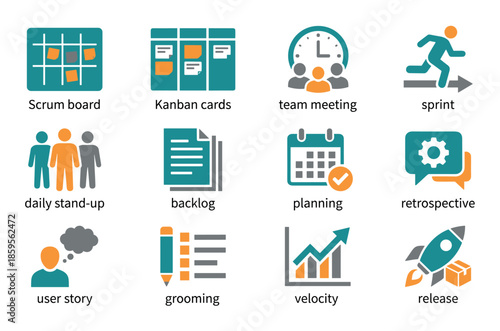 Collection of twelve flat design icons for agile methodology, illustrating concepts like scrum board, kanban, sprint, backlog, retrospective, daily stand-up, and product release