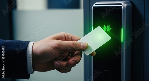 Hand Holding Smart Card for Access Control System with Green Light Indicator