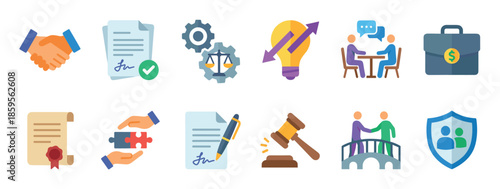 Set of business and legal flat icons representing agreement, contract, negotiation, partnership, finance, and justice in a colorful vector illustration style for corporate concepts