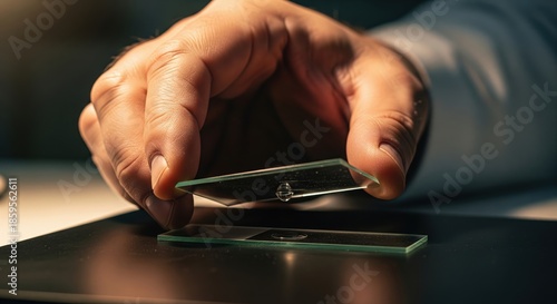 Hand Placing Microscope Slide for Scientific Research and Examination in Laboratory Setting