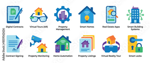 Collection of colorful flat icons representing real estate technology concepts like smart homes, virtual tours, and digital contracts for modern property management and sales