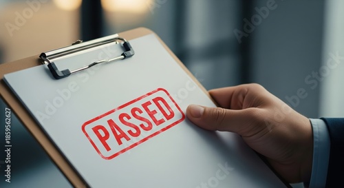 Hand Holding Clipboard with Red Passed Stamp Acknowledgment of Successful Evaluation