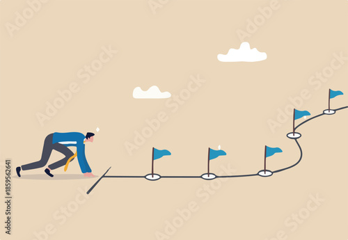 Start new business journey, career milestones or achievement, ready to win or overcome challenge, entrepreneurship to achieve goals or target concept, businessman ready to run on business milestones.