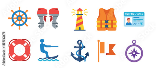 Collection of colorful flat boating icons including a ship wheel, motor, lighthouse, life jacket, license, lifebuoy, water skier, anchor, flag, and compass for maritime themes