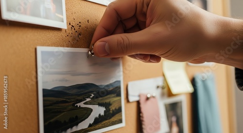 Hand Placing a Photograph on a Corkboard with Natural Scenery of a River and Green Hills