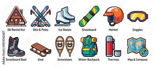 Colorful set of winter sports icons featuring a ski rental hut, skis, snowboard, helmet, sled, and other mountain recreation equipment in a flat cartoon vector illustration style