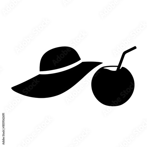 Summer Hat and Coconut Drink Silhouette – Vacation Icon Illustration