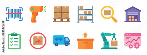 Collection of colorful flat design icons representing logistics, supply chain management, warehousing, shipping, and delivery processes including a barcode, truck, and robotic arm
