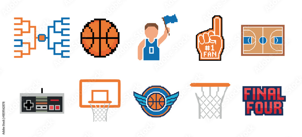Fototapeta premium Pixel art basketball icon set collection featuring a tournament bracket, ball, player, foam finger, court, and hoop in a retro 8-bit video game style for sports competition