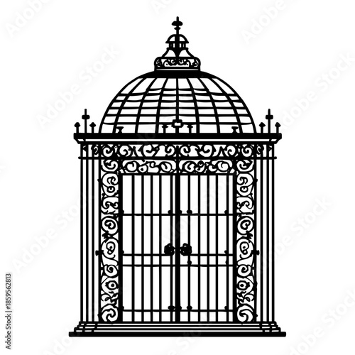 Detailed black and white birdcage illustration with intricate design and classic architectural elements is shown here