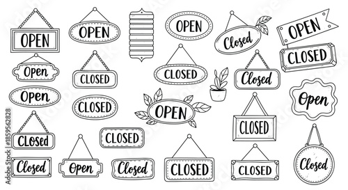 Variety of hand drawn open and closed signs in different frames and styles provides options for storefronts or business website statuses.