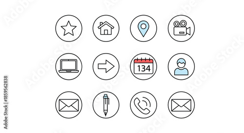 Set of twelve circular icons for web and mobile applications covers essential functions like home location video and communication.