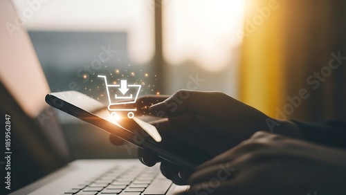 Person shopping online with smartphone and laptop in modern workspace