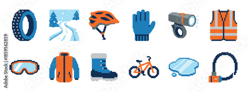 Winter cycling pixel art icon collection showing safety equipment and gear for riding a bicycle in cold weather, including a helmet, vest, light, lock, and warm clothing