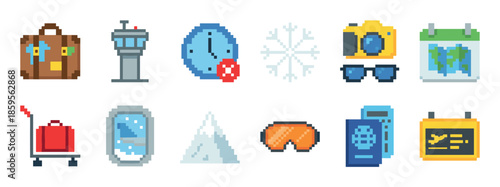 Set of pixel art travel icons for vacation and journey themes, featuring a suitcase, airport tower, passport, and winter holiday elements in a retro 8-bit video game style
