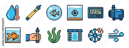 Set of pixel art aquarium icons for fishkeeping, including a fish tank, heater, filter, thermometer, and water test kit in a retro 8-bit video game style illustration