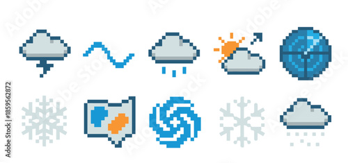 Pixel art weather forecast icon set showing various meteorological conditions like storm, rain, snow, sun, wind, and hurricane in a retro 8-bit video game style