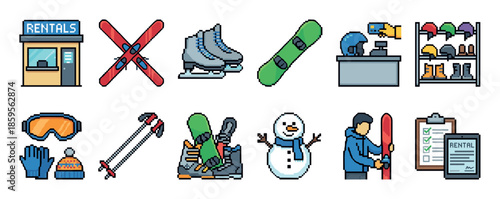 Collection of winter sports rental icons in a pixel art style showing skis, a snowboard, ice skates, a snowman, and various gear for outdoor recreation and activities