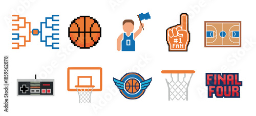 Pixel art basketball icon set collection featuring a tournament bracket, ball, player, foam finger, court, and hoop in a retro 8-bit video game style for sports competition