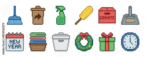 Collection of pixel art icons showing cleaning supplies and holiday items for a new year's theme, including a broom, duster, calendar, gift, and wreath in a retro 8-bit style