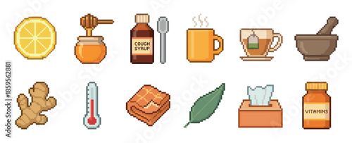 Pixel art cold and flu remedies including lemon, honey, tea, ginger, vitamins, a thermometer, and cough syrup in a retro 8-bit video game style illustration