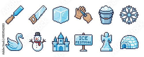 Set of pixel art icons for an ice festival theme, featuring a snowman, castle, swan, angel, and sculpting tools in a retro 8-bit video game style illustration