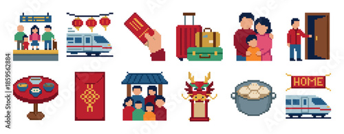 Set of pixel art icons depicting Lunar New Year travel, including a family at a train station, luggage, a dragon, and a reunion dinner, representing the holiday migration