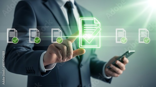 Businessman interacting with digital documents on smartphone