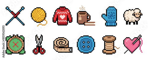 Charming set of pixel art icons for knitting, sewing, and cozy hobbies, including a sweater, yarn, needles, scissors, and a warm drink in a classic 8-bit video game style