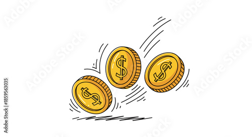 Three golden coins with dollar signs fall through the air with motion lines indicating rapid financial gain or spending activity.
