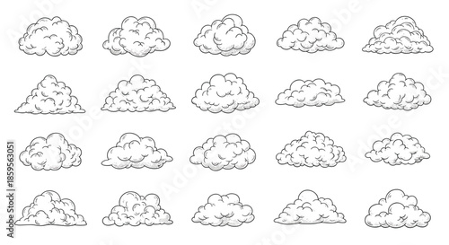 Set of twenty different hand drawn cloud sketches in various shapes and sizes offers a versatile collection for sky and weather designs.