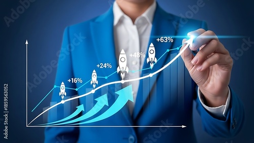 Businessman analyzing growth chart with rocket icons and increasing percentages